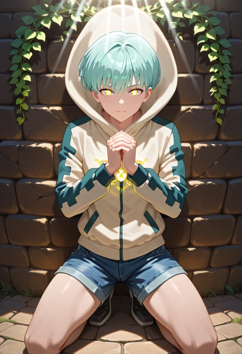 masterpiece, best quality, , (realistic:0.6), looking at viewer, 1boy, solo, male focus, <lora:sariel_nnt_ilxl:0.92>, sariel_nnt, aqua hair, yellow eyes, short hair, , temple, vine, stone wall, glowing symbol, sunbeam, praying, kneeling pose, serene expression, IceBlue Plaid Linen Pleated denim shorts, Marble Corduroy jacket, , ,