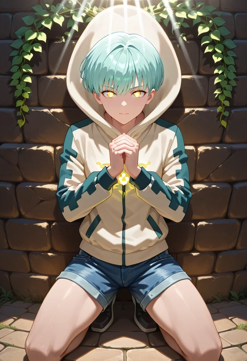 masterpiece, best quality, , (realistic:0.6), looking at viewer, 1boy, solo, male focus, <lora:sariel_nnt_ilxl:0.92>, sariel_nnt, aqua hair, yellow eyes, short hair, , temple, vine, stone wall, glowing symbol, sunbeam, praying, kneeling pose, serene expression, IceBlue Plaid Linen Pleated denim shorts, Marble Corduroy jacket, , ,