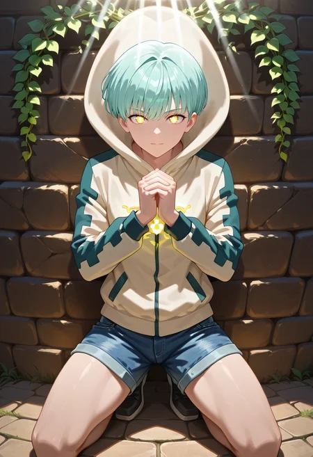 masterpiece, best quality, , (realistic:0.6), looking at viewer, 1boy, solo, male focus, <lora:sariel_nnt_ilxl:0.92>, sariel_nnt, aqua hair, yellow eyes, short hair, , temple, vine, stone wall, glowing symbol, sunbeam, praying, kneeling pose, serene expression, IceBlue Plaid Linen Pleated denim shorts, Marble Corduroy jacket, , ,