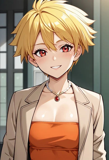 score_9, score_8_up, score_7_up, deep skin, shiny skin, (skindentation), (((highres))), (highly detailed, high resolution), , high quality, highres, source_anime, animification, anime screencap, saturation, vivid colors,, smile, cute, , sexy, LisaSimDT, 1girl, blonde hair, red eyes, short hair, brown jacket, strapless dress, orange dress,  jewelry, necklace,, solo, smile
