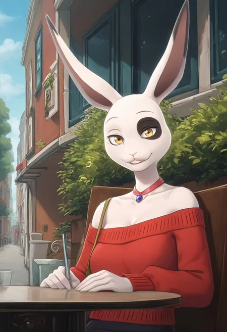 score_9_up, score_8_up, score_7_up, masterpiece, best quality, amazing quality, very aesthetic, absurdres, newest, high quality, detailed, solo female, Ako, 1girl, mature female, female, anthro, white rabbit, slender build, animal ears, yellow eyes, white fur, black spot on left eye and ear, red shoulderless sweater, choker necklace, black miniskirt, outdoors, cafe, sitting, table, outdoor cafe, smiling, looking at viewer, half body, handbag