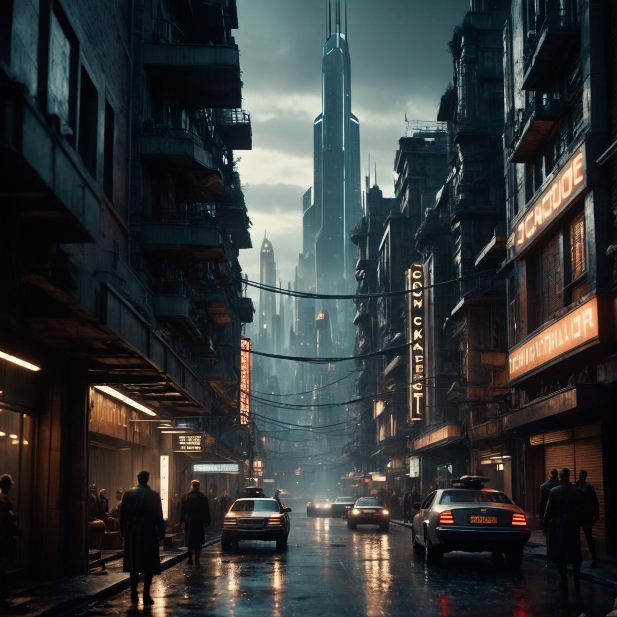 cinematic film still, a city, a dystopian future, year 3000, sci fi, amazing details, dark atmosphere, shallow depth of field, vignette, highly detailed, high budget, bokeh, cinemascope, moody, epic, gorgeous, film grain, grainy
