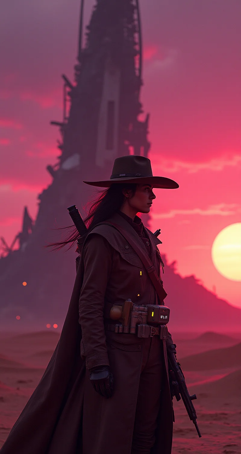 A hyper-realistic portrait, photorealistic photo close-up image of On the outskirts of a remote desert planet, a space cowboy stands beneath the towering skeleton of a crashed starship, his silhouette framed against the glowing pink horizon of a setting sun. His hat is tilted back, revealing a tangle of dark, windblown hair and eyes that gleam like molten gold. The shipas twisted metal hull rises up behind him like the bones of a forgotten giant, casting long, jagged shadows across the cracked earth. His long coat, tattered from years of wear, flutters gently in the hot wind that sweeps across the desert, carrying with it the scent of distant fires and the sound of alien creatures howling in the night. In his hand, he holds a blaster that hums with faint, residual energy, while a bandolier of glowing power cells is slung across his chest. The sky above is a riot of colorsapurple, orange, and deep indigoastreaked with distant meteors and the faint glow of nearby moons. His gaze is locked on a distant settlement, its lights flickering like candles on the horizon, where trouble undoubtedly awaits. The scene is one of eerie solitude, where the vastness of the universe feels both beautiful and unforgiving. (photography, high-resolution, dynamic, energetic,hyper-realistic, dramatic lighting, shallow depth of field.)