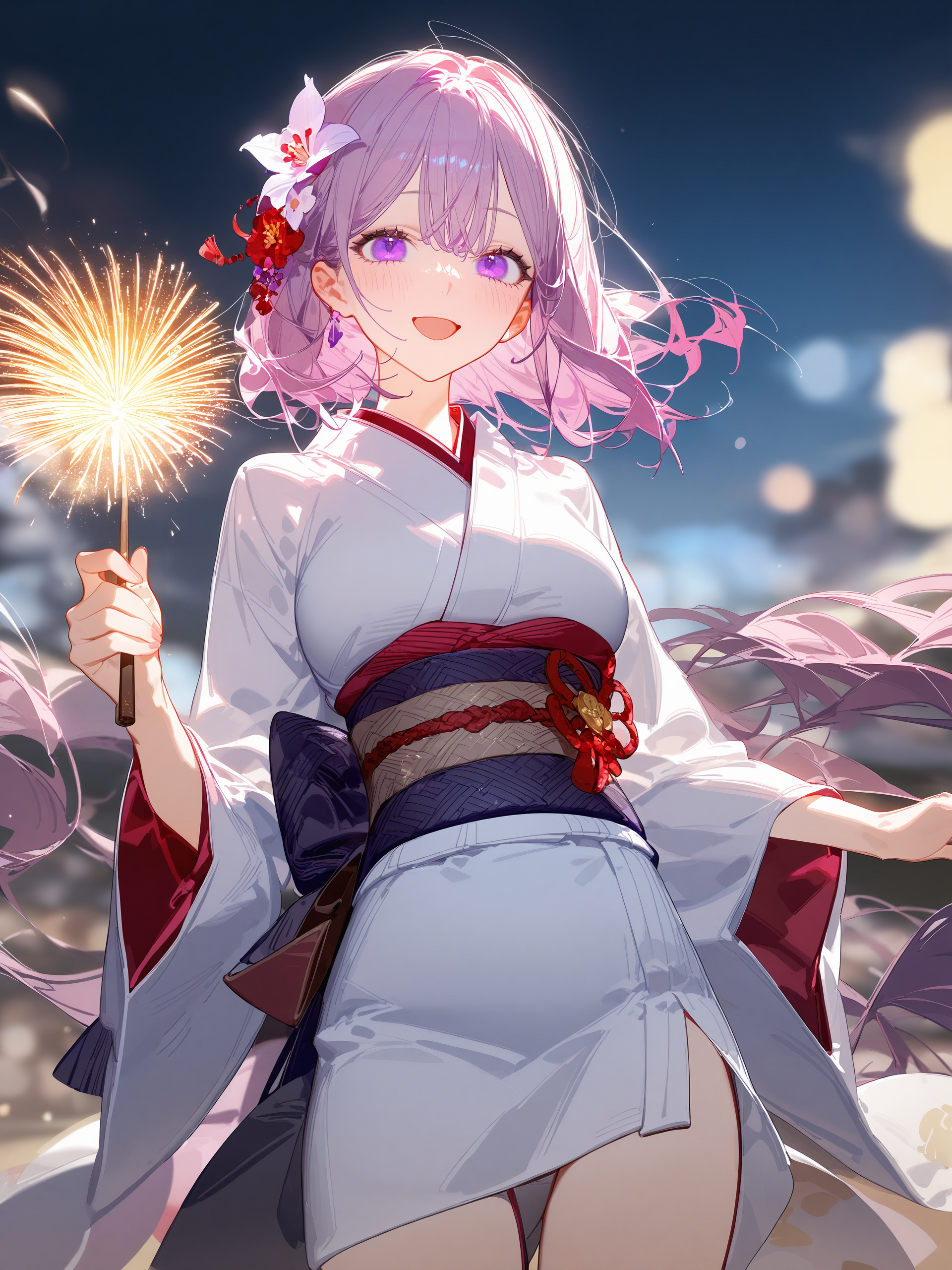 1girl, amaori renako, solo, purple eyes, kimono, hair flower, obi, sash, tabi, standing, cowboy shot, holding fireworks, smile, open mouth, night, outdoors, blurry background <lora:Char-Amaori_Renako-V1-SDXL:0.9>, illustration, incredibly absurdres, ultra detailed, masterpiece, best quality, perfect features, intricate details, ray tracing, very aesthetic, (hitenkei, askzy:0.4), [<lora:XL-detailed_notrigger:0.95>::0.5], [:<lora:XL-aesthetic_anime:1.2>:0.5]