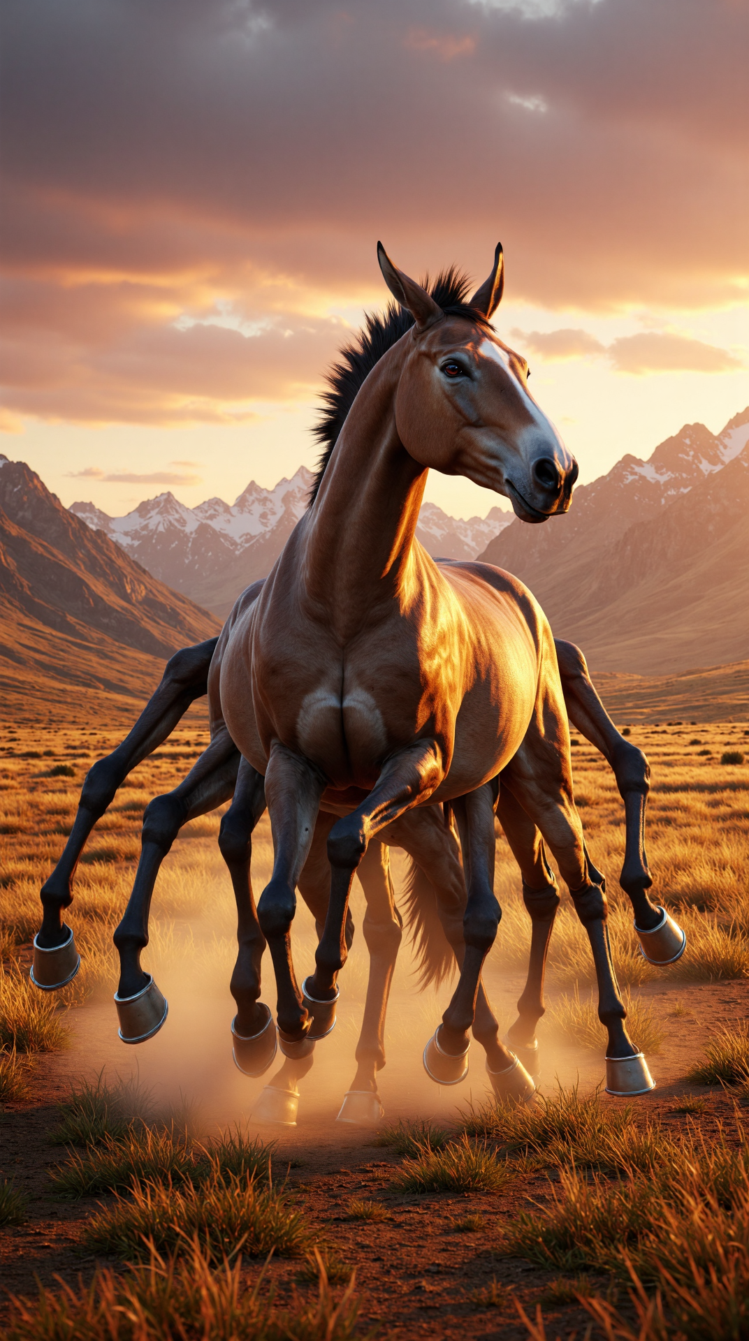 A photoreal, realistic photo of A zonkey with manymany legs, each leg posing in a dynamic and powerful stance, as if frozen in mid-gallop. One leg is lifted high, while another is bent low, and a third is stretched out behind, creating a sense of motion and energy. The zonkey's manymany legs are adorned with shiny, metallic horseshoes that reflect the light, adding a touch of fantasy and wonder to the scene. The zonkey's body is sleek and muscular, with a shimmering coat that gradates from brown to grey, and its manymany legs seem to be a blur of motion, as if it's about to leap into action at any moment. The zonkey's head is thrown back, with its ears perked up and its eyes gleaming with a fierce inner light, as if it's letting out a triumphant cry. In the background, a sweeping landscape of rolling hills and towering mountains stretches out, with a range of majestic peaks rising up into the distance, their rugged contours softened by a veil of mist. The scene is set at sunrise, with the sky ablaze with hues of pink and gold, and the air filled with a warm, golden light that illuminates every detail of the zonkey's manymany legs, creating a truly epic and awe-inspiring visual spectacle. The camera angle is low and dynamic, with the lens looking up at the zonkey from a 45-degree angle, emphasizing its power and majesty, and the overall mood is one of wild, unbridled energy and freedom.
The image is photorealistic and has cinematic vibes. Beautiful atmospheric lighting. Professional photography. <lora:ManyMany:0.9>