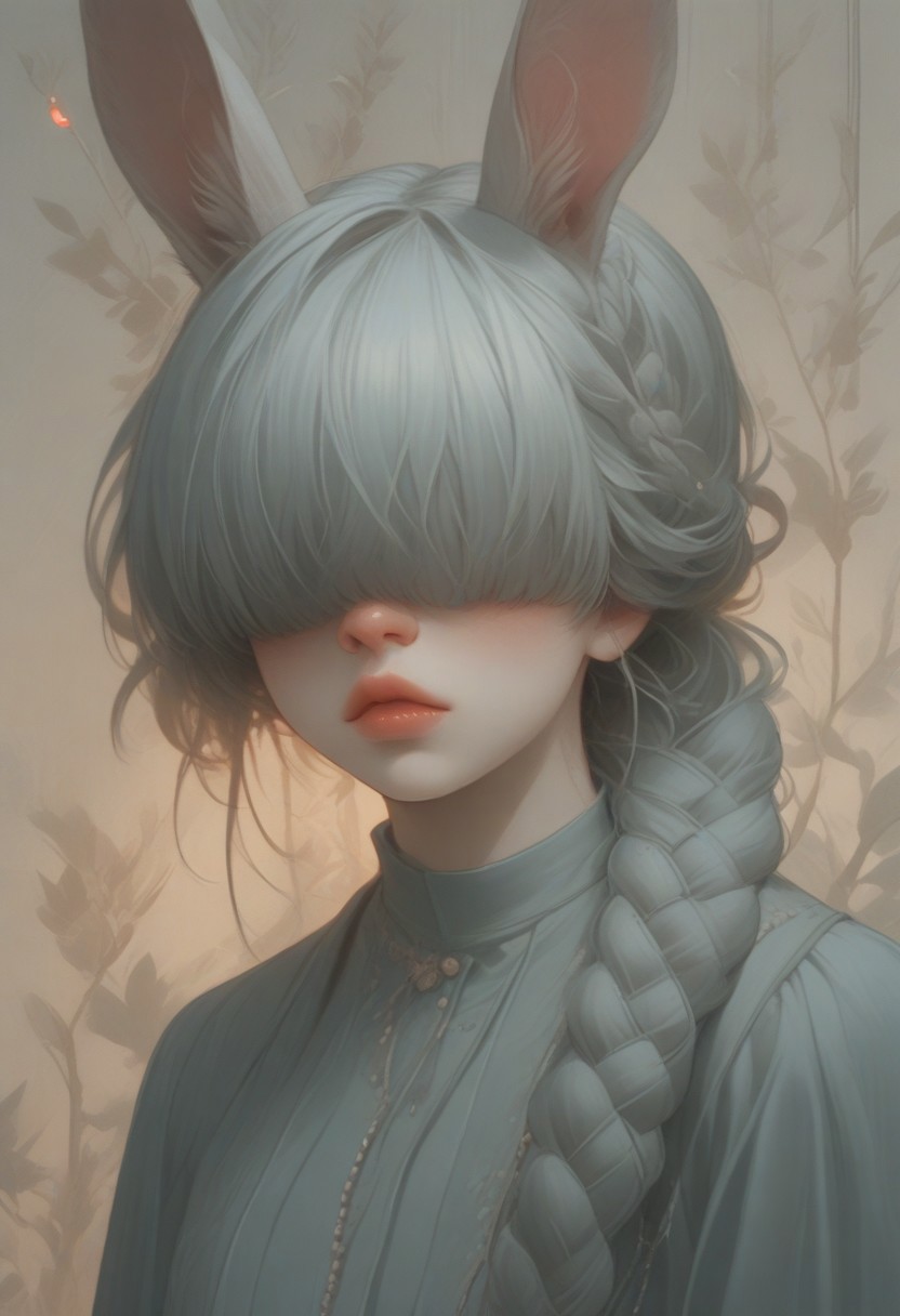 (Score_9:1.1), score_8_up, score_7_up,
(limited lighting, high contrast, laser beams, highres, closed_mouth:1.4, absurdres) 
Fl0ralD0lls 
solo, bunny ears, human woman, curious, (ferns:1.3), realistic, focus on face, hime cut, pacific blue hair, (hair over eyes:1.3),((hair in very long single braid)), big lips, full lips, glossy lips, matte skin, matte colours