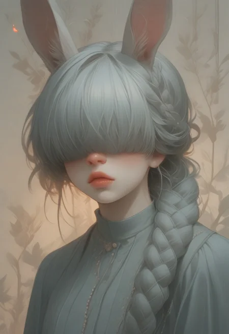(Score_9:1.1), score_8_up, score_7_up,
(limited lighting, high contrast, laser beams, highres, closed_mouth:1.4, absurdres) 
Fl0ralD0lls 
solo, bunny ears, human woman, curious, (ferns:1.3), realistic, focus on face, hime cut, pacific blue hair, (hair over eyes:1.3),((hair in very long single braid)), big lips, full lips, glossy lips, matte skin, matte colours