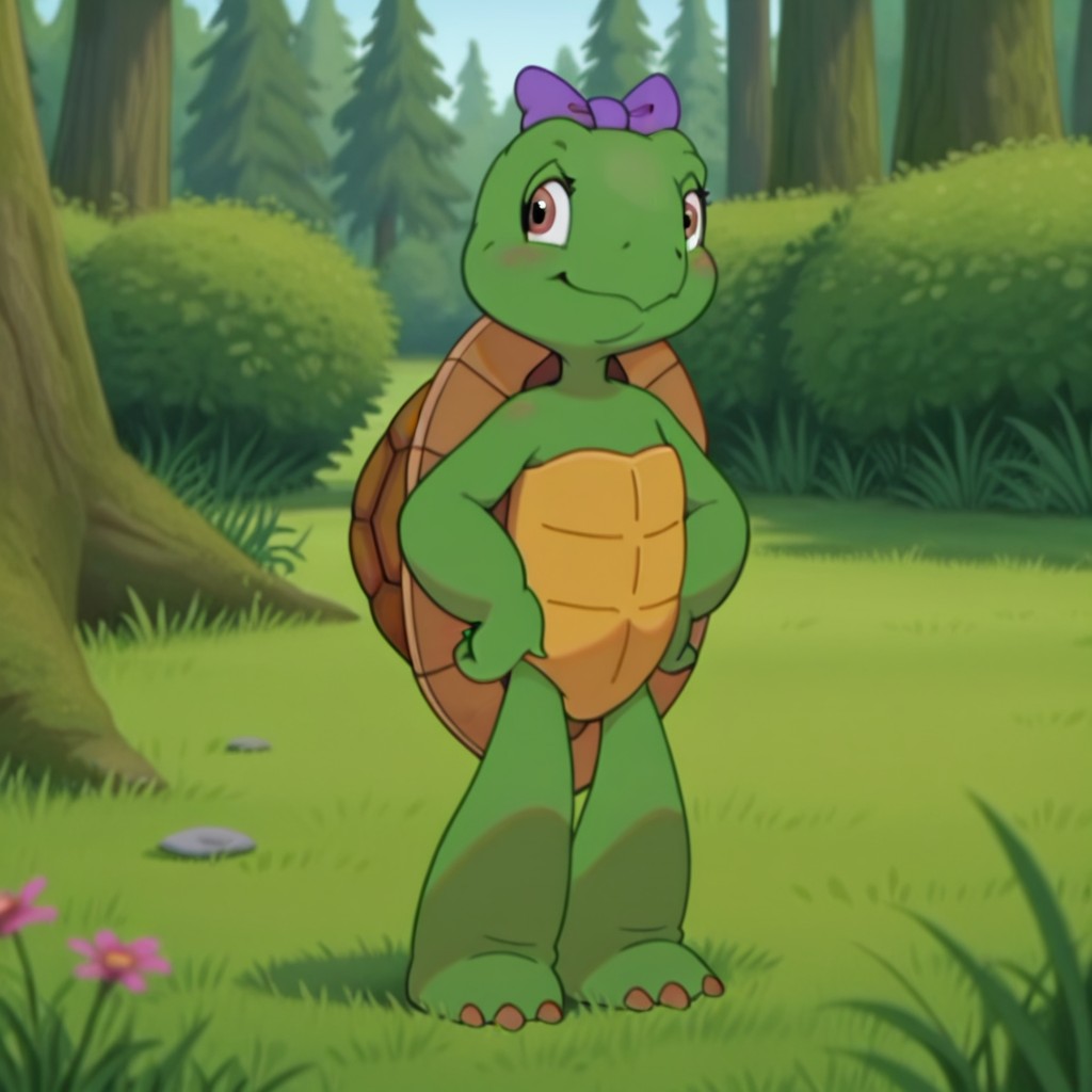 masterpiece, best quality, amazing quality, Harrietturtleil, semi-anthro, female turtle, green skin, brown eyes, turtle shell, purple hairbow, hands on hips, solo, outdoors, nature, grass, forest, smile, day, flower, standing, , <lora:7bc24aac-af86-4735-bc1f-6d4db0f7fc3d:1.0>