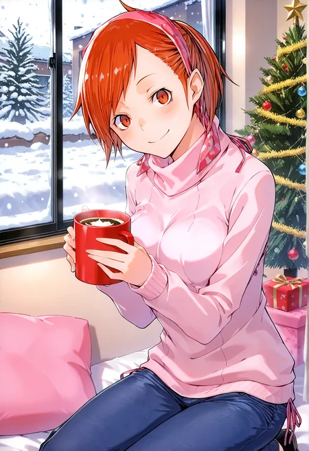 upper body, scan, 1girl, solo, tanigawa yuzu, devil survivor, sweater, jeans, red mug, hot cocoa, christmas tree, window, snow, kneeling, looking at viewer, smile, blush, very awa, cozy
<lora:Yuzu_Tanikawa-IL:1>