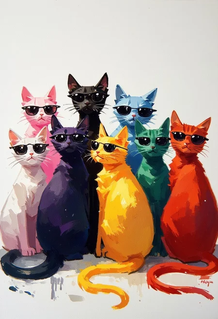 oil painting of 10 kittens in a row wearing sunglasses.They are white,pink,black,purple,blue,green,yellow,red,teal,crimson.
in the style of frank frazetta