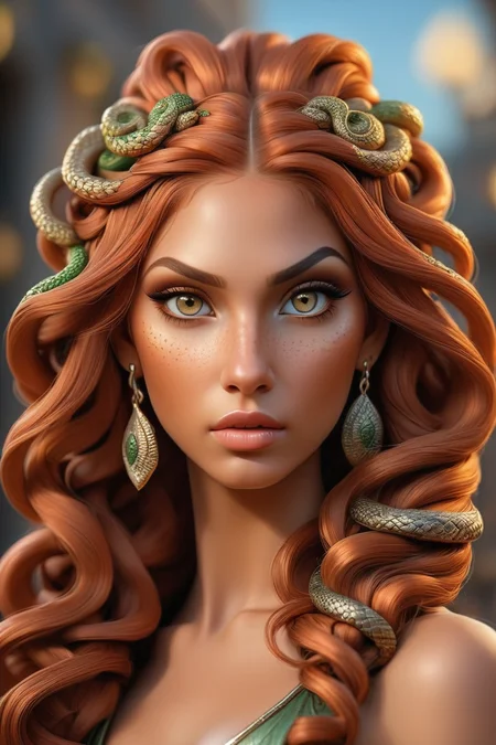 gorgon <lora:Gorgons XL:1>, high definition photo, ultra detailed skin, ultra detailed face, small skin imperfections, 1girl, Half-up, half-down hairstyle, medium boobs, Fit body, silver eyes, Copper hair
