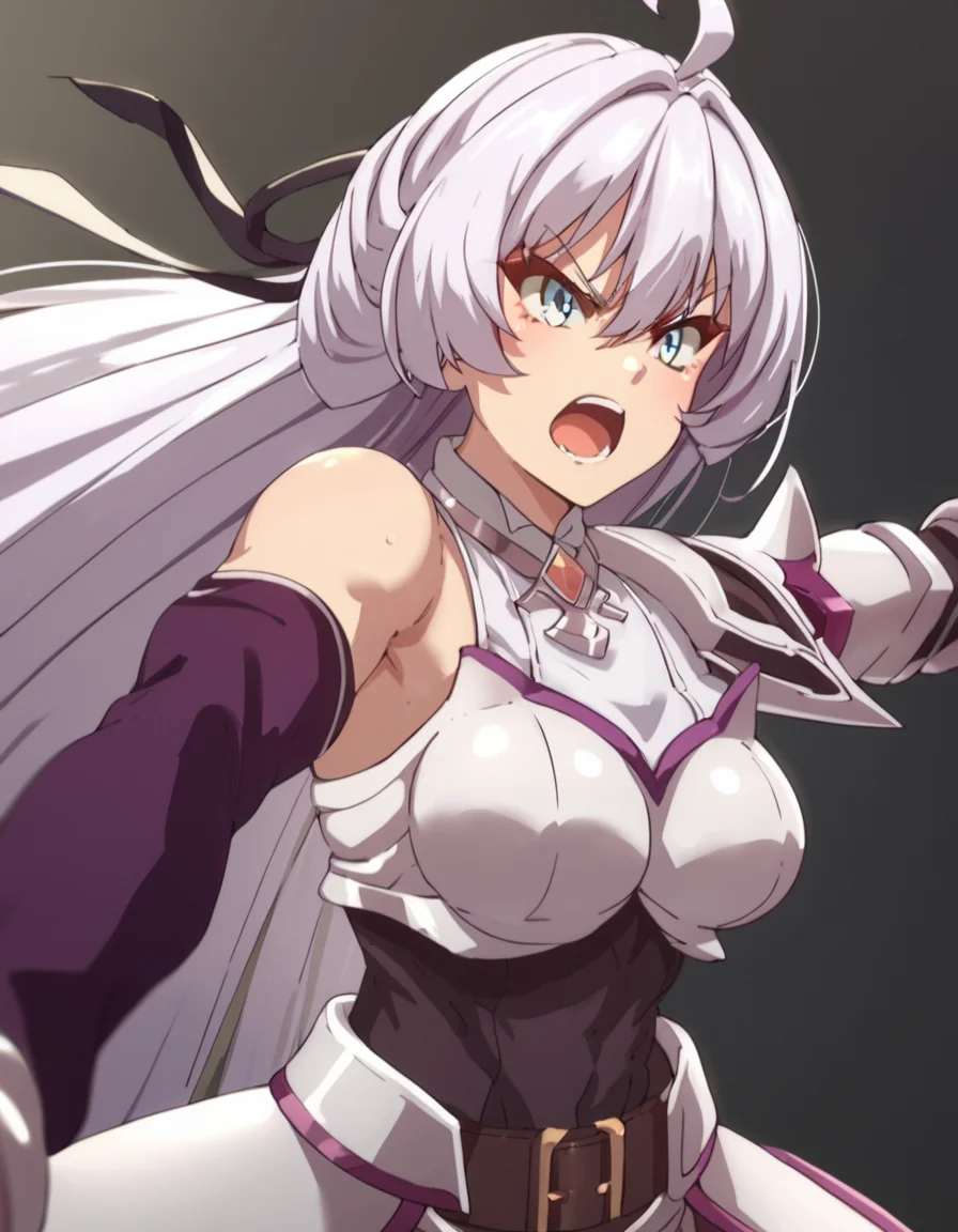 score_9, score_8_up, score_7_up, score_6_up, score_5_up, score_4_up, source_anime, Kureha, very long hair, ahoge, grey hair, blue eyes, , action pose