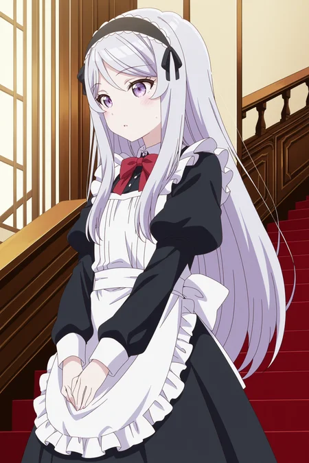 anime screencap, anime coloring, detailed face, masterpiece, best quality, very aesthetic, absurdres, volumetric lighting, amazing quality, ultra detailed,  highres, amazing quality, scenery, beautiful detailed hair, beautiful detailed eyes, perfect face,
 <lora:Akane_Sakuramori_Himari_Ishikura_Shisei_Houjou_and_Maho_Sakuramori_Im_Getting_Married_to_a_Girl_I_Hate_in_My_Class:1>
indoors, stairs,
Shisei formal wear (outfit), Shisei Houjou (character), 1girl, long hair, dress, hairband, maid, solo, frills, lol fashion, lol hairband, long sleeves, standing, grey hair, puffy sleeves, bow