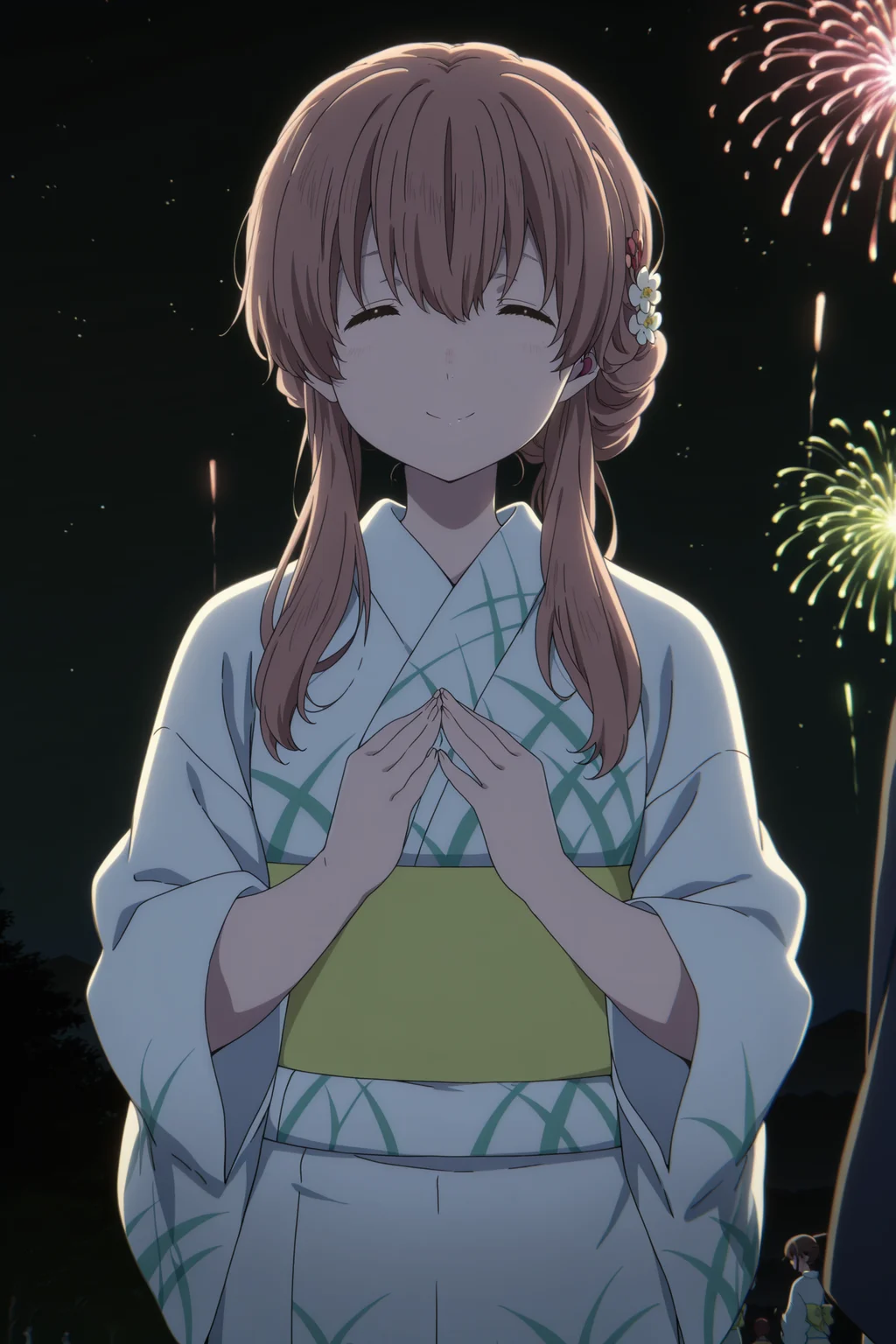 anime screencap, anime coloring, detailed face, perfect fingers, masterpiece, best quality, very aesthetic, absurdres, volumetric lighting,
outside, night, Japanese festival, fireworks in the sky,
 <lora:Shoko_Nishimiya_A_Silent_VoiceKoe_no_Katachi:1>
Shouko kimono outfit, Shouko Nishimiya (character), japanese clothes, 1girl, kimono, hair ornament, brown eyes, brown hair, yukata, smile, looking at viewer, long hair, sash, flower, closed eyes, :), looking at the viewer, cowboy shot