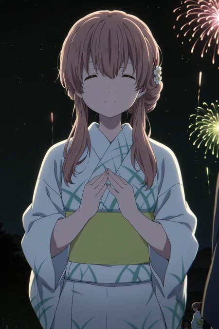 anime screencap, anime coloring, detailed face, perfect fingers, masterpiece, best quality, very aesthetic, absurdres, volumetric lighting,
outside, night, Japanese festival, fireworks in the sky,
<lora:Shoko_Nishimiya_A_Silent_VoiceKoe_no_Katachi:1>
Shouko kimono outfit, Shouko Nishimiya (character), japanese clothes, 1girl, kimono, hair ornament, brown eyes, brown hair, yukata, smile, looking at viewer, long hair, sash, flower, closed eyes, :), looking at the viewer, cowboy shot