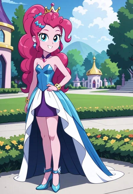 score_9, score_8_up, score_7_up, score_6_up, from My Little Pony Equestria Girls, a very young little human girl Pinkie_Pie wearing a fit blue|sky|green|brown|darkpurple|red|yellow gradients colors short princess dress, elegant detailed princess shoes, solo, 1girl, little princess girl, dark pink hair with crown hairband, smile, childhood, looking at viewer, glow detailed eyes, garden of canterlot, tul, chiffon, laces, semi realistic cartoon, unreal engine 5, full body close-up, absurdres, digital art, soft light, perfect hands, perfect, hands, perfection, soft pink skin, skyblue eyes, party accesories and shoes, jewelry, tres chic,<lora:age_slider_v4:-4>,