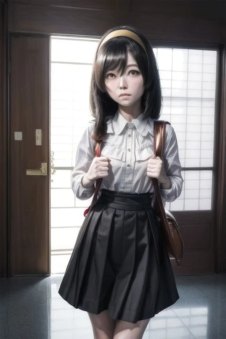 Photo of nishimura akane, (masterpiece,best quality:1.2), black hair, hair over one eye, hairband, medium hair, sanpaku, orange headband, dress, randoseru, school uniform, backpack, bag, bag charm, black dress, skirt, black skirt, solo, glowing_bright, Artstation, HD, Deviantart, by WLOP,