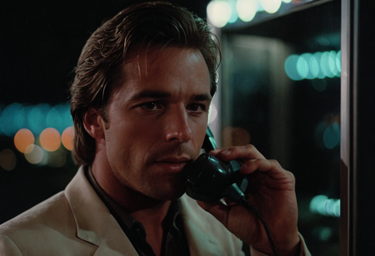 cinematic film still Sonny Crockett, MiamiVice, closeup, night, city lights, bokeh, phone booth, telephone . shallow depth of field, vignette, highly detailed, high budget, bokeh, cinemascope, moody, epic, gorgeous, film grain, grainy