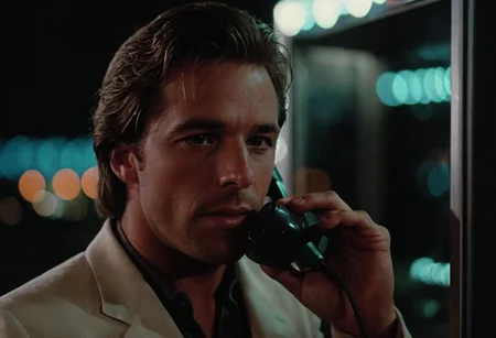 cinematic film still Sonny Crockett, MiamiVice, closeup, night, city lights, bokeh, phone booth, telephone . shallow depth of field, vignette, highly detailed, high budget, bokeh, cinemascope, moody, epic, gorgeous, film grain, grainy