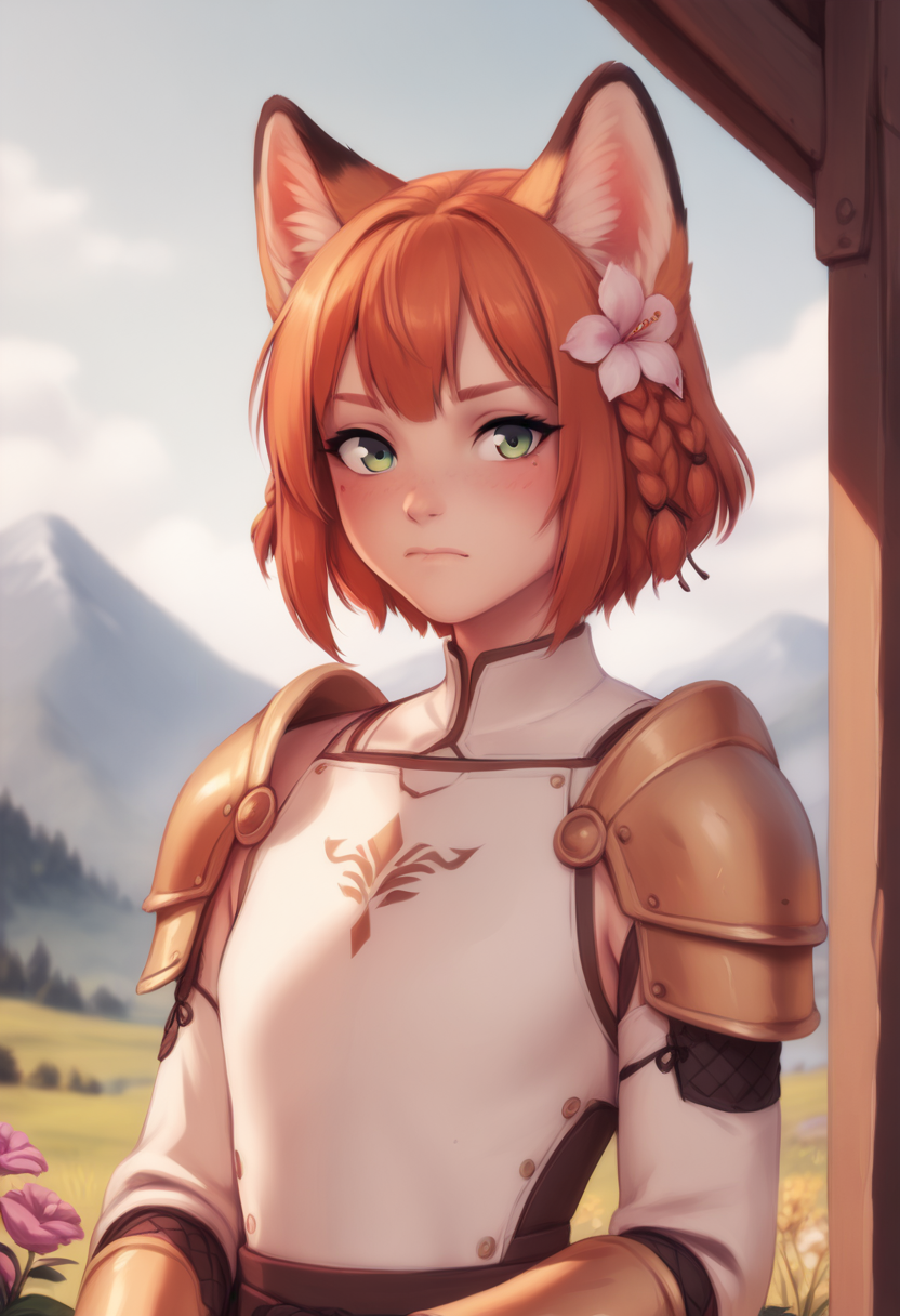 score_9, score_8_up, score_7_up, score_6_up, score_5_up, score_4_up, BREAK rating_safe, fox, braid,  outdoors, armor, solo, green eyes, mountain, orange hair, looking at viewer, shoulder armor, short hair, breastplate, upper body, day, sky, closed mouth, flower, blush, pauldrons, mountainous horizon, bangs, blue sky, grass<lora:PersonalAmi_PonyXL_resize:1>