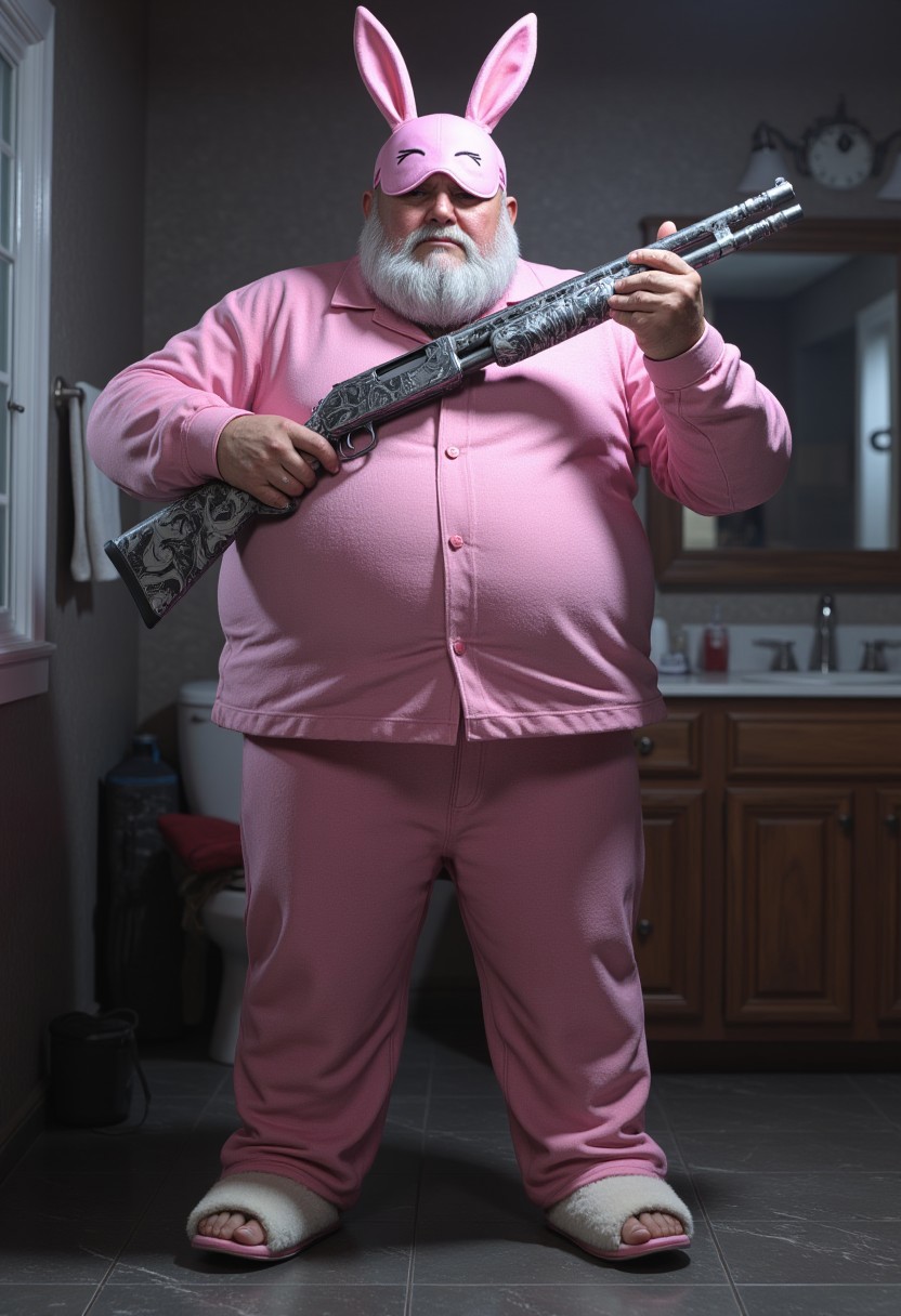 Old chubby man with a beard stands in pink pajamas. White slippers with rabbit ears on the man's feet. On the man's head is a pink sleep mask raised to his forehead. In the hands of the man is a cool shotgun. Bathroom background. Realistic, higly detailed, vivid colors, dim lighting. detailmaximizer, midjourneyv6.1, aidmaCODskins