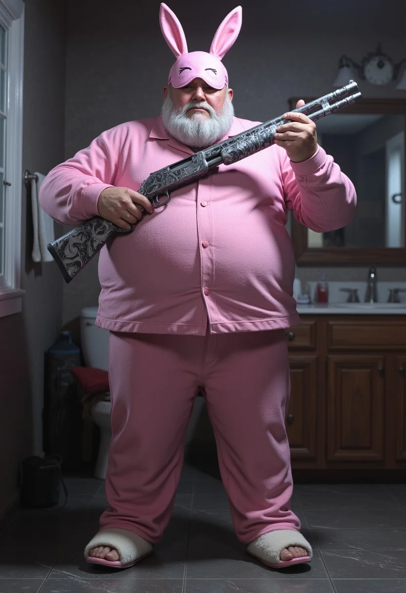 Old chubby man with a beard stands in pink pajamas. White slippers with rabbit ears on the man's feet. On the man's head is a pink sleep mask raised to his forehead. In the hands of the man is a cool shotgun. Bathroom background. Realistic, higly detailed, vivid colors, dim lighting. detailmaximizer, midjourneyv6.1, aidmaCODskins