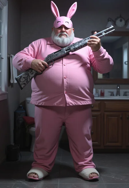 Old chubby man with a beard stands in pink pajamas. White slippers with rabbit ears on the man's feet. On the man's head is a pink sleep mask raised to his forehead. In the hands of the man is a cool shotgun. Bathroom background. Realistic, higly detailed, vivid colors, dim lighting. detailmaximizer, midjourneyv6.1, aidmaCODskins