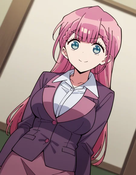score_9, score_8_up, score_7_up, source_anime, <lora:mafuyu-kirisu-s2-ponyxl-lora-nochekaiser:1>, mafuyu kirisu, blue eyes, braid, long hair, twin braids, pink hair, large breasts,, long sleeves, purple skirt, shirt, skirt, suit jacket, white shirt, blazer,, indoors, smile, looking at viewer, solo,, cowboy shot, dutch angle