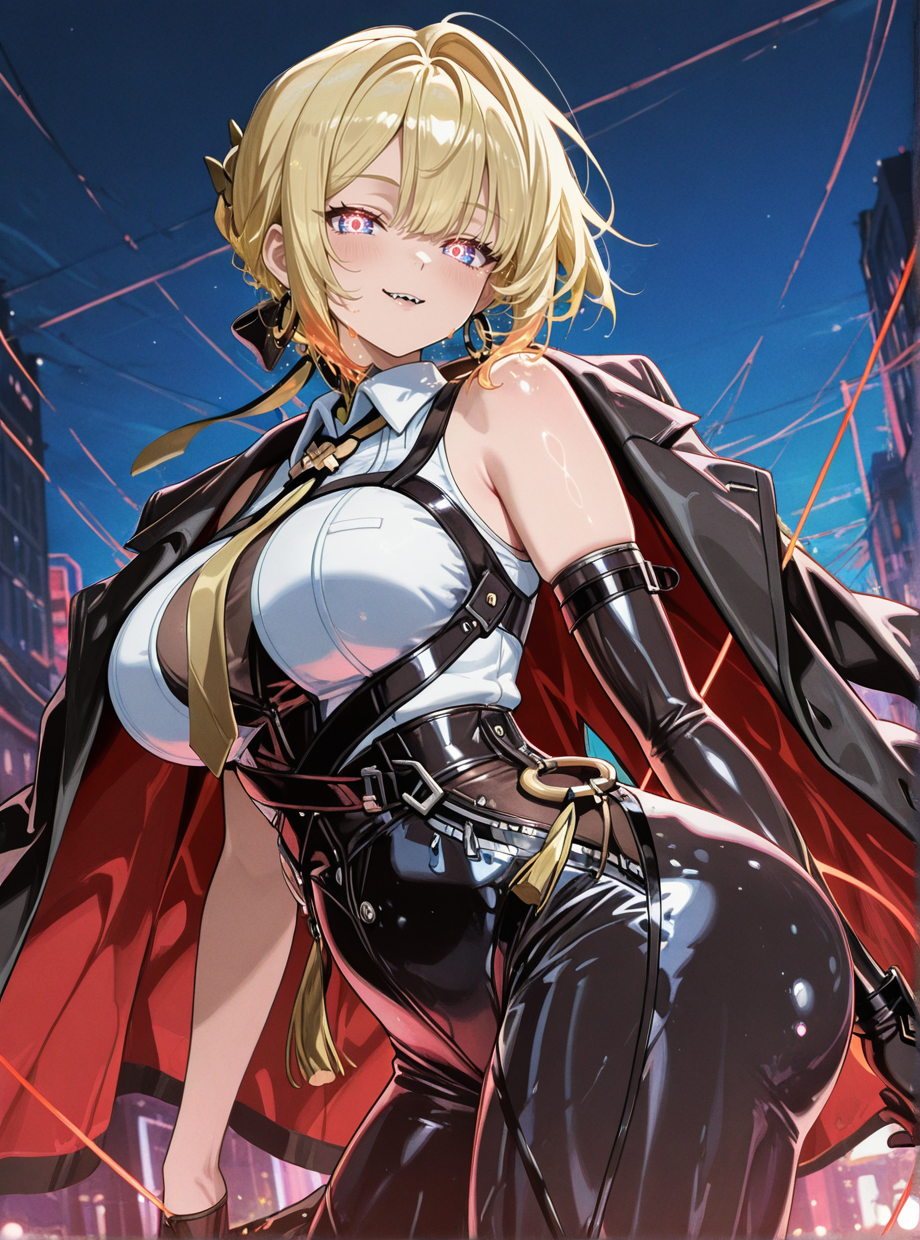 (masterpiece), (best quality), 1girl, solo, evelyn chevalier \(zenless zone zero\), (anime screencap), (evch_zzz), looking at viewer, (standing), large natural breasts, (purple eyes), blonde hair, short hair, hair up, anime style, shiny skin, (necktie between the breasts), earrings, high heels, chest harness, arm strap, asymmetrical gloves, white shirt, yellow necktie, collared shirt, sleeveless shirt, elbow gloves, black gloves, black jacket, blush, gloves, ring hair ornament, ass, high-waist_pants, tight clothes, tight pants, high-waist pants, latex pants, (holding), jacket, jacket on shoulders, mismatched gloves, mole under eye, black pants, uneven gloves, (weapon, glowing wire, energy wire, light string, neon weapon, knife at the end of the wire, glowing knife), outdoors, happy, (dragon girl), (scales), gold trim, (slit pupils), tusks, hooded cloak, painterly, colorful, flat colors, glowing, impasto, abstract, plump, <lora:EvelynChevalierZZZeroillusApexAi:0.7>,
