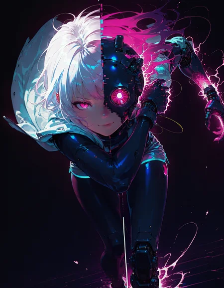 Solo,masterpiece, best quality, amazing quality, very aesthetic,straight-on, (1girl),(split in half),semi-realistic, ultra-detailed, high-resolution,dark,dutch angle,(jumping forward,dynamic pose:1)
,ADDCOMM,
split screen, divided,1girl, dual persona, clone,variation, feet out of frame,(dynamic pose)
,ADDBASE,
white hair, bangs, kpop, holographic white jacket, cybernetic neck,pink eyes,evil grin,smirk,(human,fair skin, normal skin)
,ADDCOL,
(split screen,transition,white line:1.2), white and pink hair, pink eyes, made of metal, shinning,smile
,ADDCOL,
in the style of ck-rw,in the style of cknc,
(pink glitch effect, foreground:1.2),(split face:1.2),(pink robot eyes, no sclera,no pupils), hand foreground, robot,cybernetic ,cyborg
,ADDCOL,
in the style of ck-rw,in the style of cknc,
pink glitch effect,metalic pink hair glitching pink,dark aura, bangs, (pink robot eyes, no sclera,no pupils), hand foreground, robot, black cybernetic parts ,cyborg, cyberpunk background, pink glow,crazy,covered in aqua electricity,pink aura,clenched teeth,bending arm,grin,(huge metallic claw)
,ADDROW,
in the style of ck-rw,in the style of cknc,
(human arm),split screen,motion lines, emphasis lines,silver shorts,forearm,sideways arm
,ADDROW,
silver shorts, white gloves, hand glowing aqua,  feet out of frame,(human straight-arm), aqua cyberpunk background,blue glow, human thigh,normal thigh,human hand, normal arm,human leg,pink glitch effect,(human,fair skin, normal skin)
,ADDCOL,
(glitch effect, foreground:1.2),human leg,(human,fair skin, normal skin)
,ADDCOL,
in the style of ck-rw,in the style of cknc,
(split screen,transition,white line:1.2),(split body:1.2)
,ADDCOL,
in the style of ck-rw,in the style of cknc,
robot midriff, silver shorts, glitching pink, feet out of frame,  cyberpunk background, pink glow,covered in aqua electricity, sweating aqua,pink aura,black robot leg
,  <lora:ck-neon-retrowave-IL:0.8> <lora:ck-nc-cyberpunk-IL:0.8>  <lora:DarkerThanBlackIllustrious:0.8>