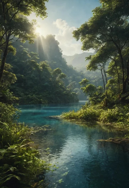 detailxl. RAW photo, delicate, wild nature, picturesque scenery, enchanting sunrays, beautiful sky, majestic landscape, pristine vegetation, desolate atmosphere, morning island glade, blue water, jungle lake
4k, highres, best quality, cinematic, epic. concept art, digital art, realistic, professional masterpiece, curvilinear perspective, sharp clarity. fine intricate details, great lighting, dappled soft lighting, volumetric lighting, detailed highlights, rim lighting