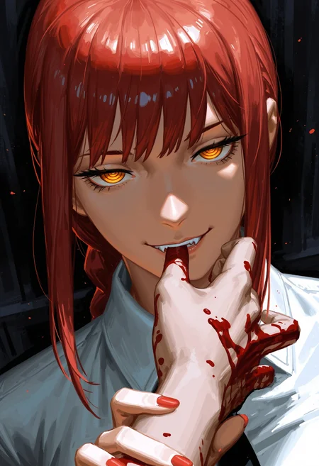 by kan liu \(666k\), painterly, sketch, rough strokes by guweiz, textured, detailed,
masterpiece,best quality,absurdres,very aesthetic,highres,
1girl, beautiful aged up makima \(chainsaw man\), biting finger with smug male pov hand, grabbing pov hand, blood on hand, vampire, staring at viewer with light smirk, half-closed narrowed eyes with ringed eyes, black pupils, cheekbones,