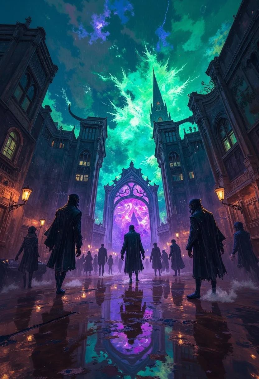 A visually stunning and cinematic fantasy scene, captured in a low-angle shot, showcases eerie dark ghosts emerging from a breathtaking nebula entrance and traversing the dark, wet streets of a mysterious city. The ghosts, with their realistic and intricate details, exude a chilling yet captivating presence. The vibrant colors and dynamic lighting create an enchanting atmosphere, while the rain-soaked streets add to the overall moodiness of the scene., vibrant, cinematic