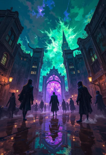 A visually stunning and cinematic fantasy scene, captured in a low-angle shot, showcases eerie dark ghosts emerging from a breathtaking nebula entrance and traversing the dark, wet streets of a mysterious city. The ghosts, with their realistic and intricate details, exude a chilling yet captivating presence. The vibrant colors and dynamic lighting create an enchanting atmosphere, while the rain-soaked streets add to the overall moodiness of the scene., vibrant, cinematic