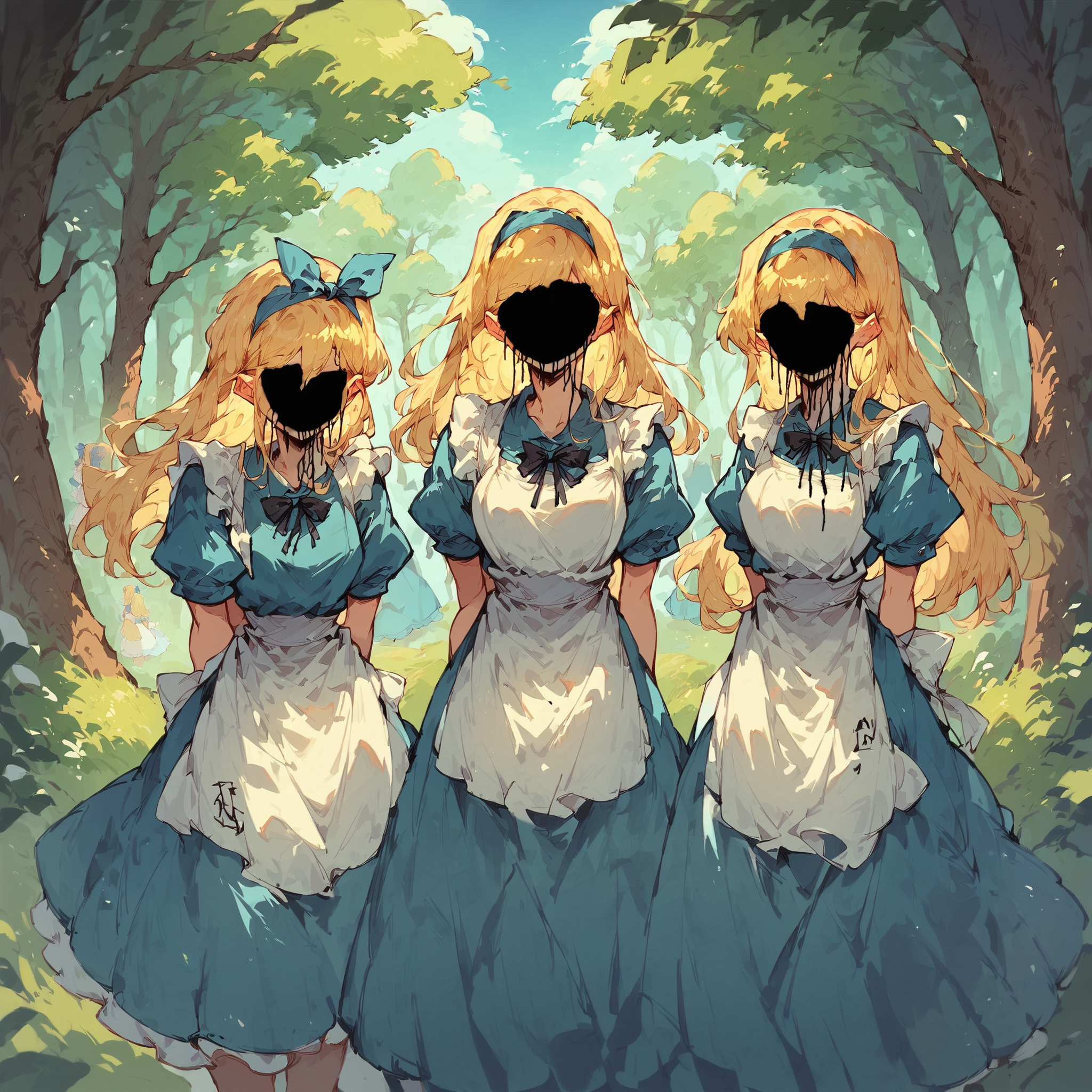 (score_9, score_8_up, score_7_up), 3girls, black fluid face, blonde hair, long hair, alice in wonderland, blue hairband, blue ribbon, white apron, blue dress, black bow, standing, facing viewer, arms behind back, forest, <lora:black_fluid_face_ver1:1>