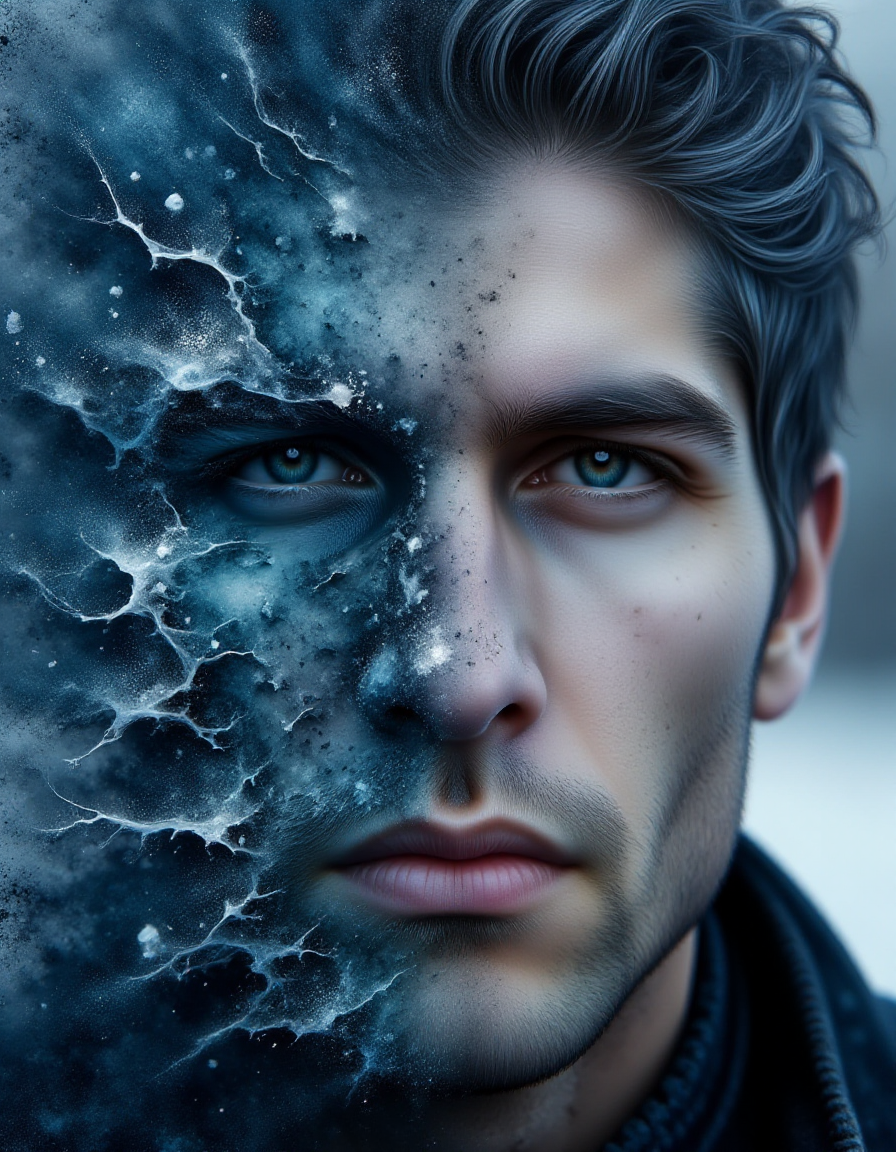 A close-up of a manâs face with chiseled features, lit by the cold, bluish light of a winter evening. The left side of his face dissolves in a ral-dissolve effect into geometric shards of icy crystals and faint blue mist. His deep-set eyes remain vivid and contemplative, contrasting with the surreal transition of his skin and features breaking apart into frost-like patterns.
 <lora:ral-dissolve-flux_000005000:1>
