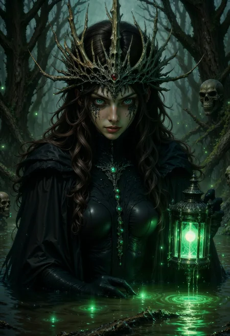 A gothic swamp witch standing waist-deep in murky waters, her hair wild and tangled with moss and reeds. A crown of twisted bone rests on her head, casting skeletal shadows across her pale face. Her dark robes ripple like liquid shadows, and in her hand, she holds a lantern filled with flickering green fireflies. The eerie light reflects off the surface of the water, where faint silhouettes of skeletal hands seem to reach toward her. The atmosphere is heavy with mystery and foreboding.