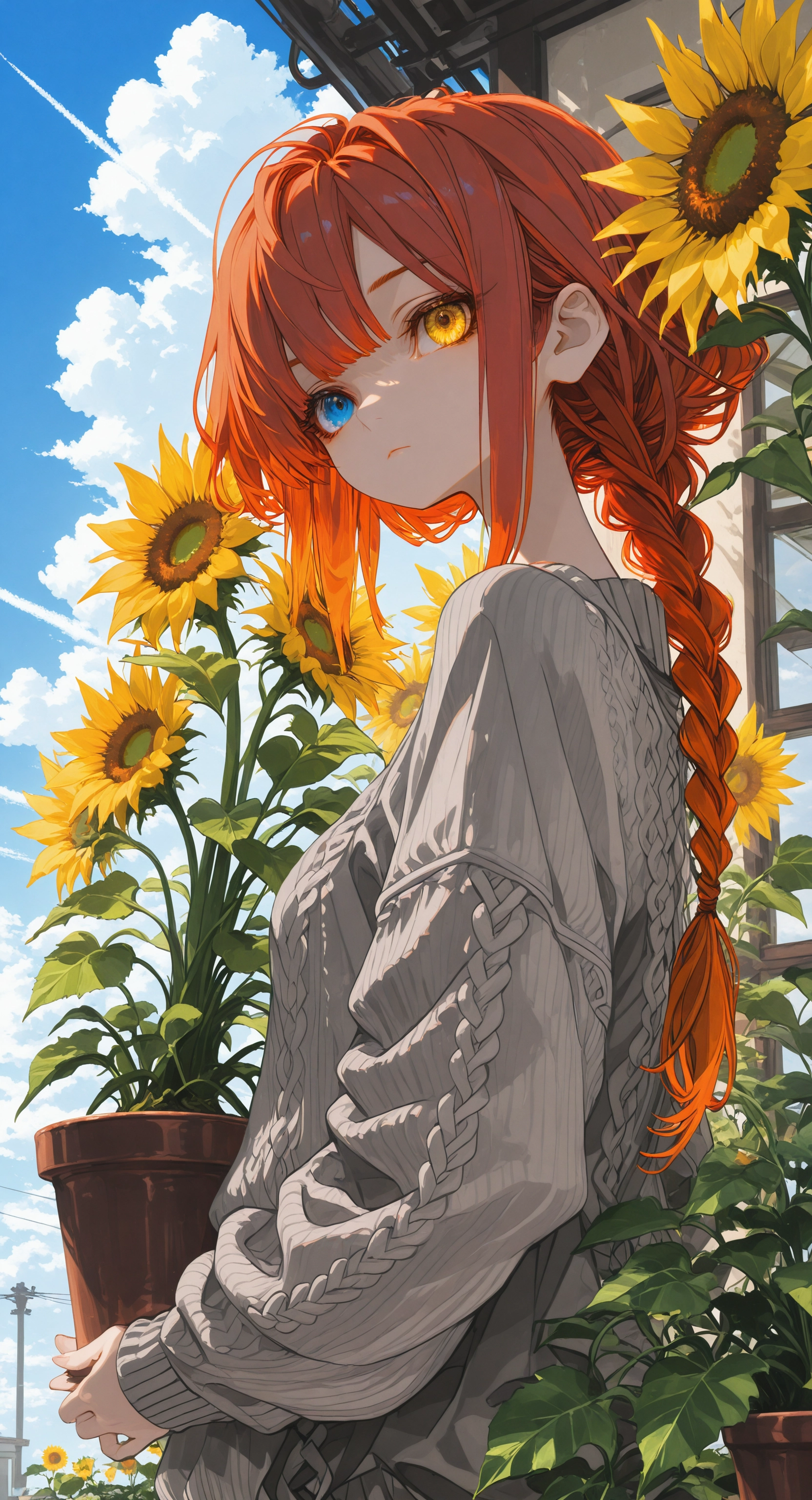 masterpiece, best quality, amazing quality, 1girl, solo, long hair, looking at viewer, blue eyes, long sleeves, holding, closed mouth, upper body, yellow eyes, braid, flower, multicolored hair, outdoors, red hair, sky, day, cloud, orange hair, from side, sweater, blue sky, looking to the side, single braid, heterochromia, expressionless, cloudy sky, plant, braided ponytail, yellow flower, sunflower, potted plant, grey sweater, cable knit, aran sweater, contrail, flower pot <lora:noobai_ep11_stabilizer_v0.138_fp16:0.3> <lora:ppw_v7_noobVv1.0:0.5> <lora:XXX667:0.5> <lora:lpc_v10:0.4> <lora:CrypticHue:1>