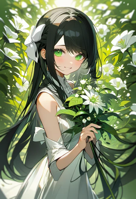 face focus, dynamic angle, masterpiece, best quality, 1girl, solo, long hair, green eyes, plant, looking at viewer, white flower, hair ribbon, hand up, white dress, black hair, hair between eyes, pixiv, depth of field, smile