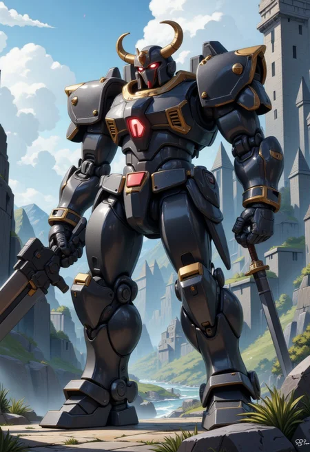 professional 4K 3DCG scene of (MORTARHEADD:1.2),mecha,mecha armor,full armor,glowing eyes,(mechanical horns:1.2),(full body:1.2),clenched hand,mechanical parts,robot joints,(holding sword:1.5),(huge military parts:1.2),best quality,masterpiece,highly detailed,ultra-detailed,(Detailed eye:1.2),(huge mechanical weapon:1.3),(detailed armor:1.6),(detailed weapon:1.2),(huge mechanical gun:1.2),(large size robot:1.6),(fantasy castle background:1.6),(fantasy landscape background:1.6),sky,
<lora:MORTARHEADD_like_mecha_v1_2:0.8>,octane render,unreal engine,cinematic effects,ultra detailed,volumetric,dramatic lighting,cinematic material,