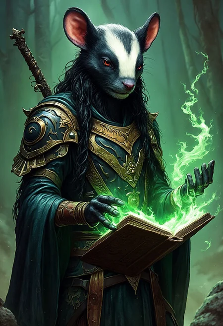 Hand drawn storybook illustration of a black mouseguard skunk a white stripe with long hair, he is a warlock conjuring dark magic, he is wearing leather armor under ancient robes, in one hand he is holding the evil book the Necronomicon, with his other hand he is summoning whisps of green magic from the book.