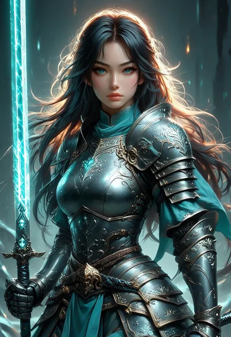 hkstyle FFROA, A knight holding her sword, anime, Cyan teal black white, beautiful face, anime, martial arts sword pose, glowing sword
