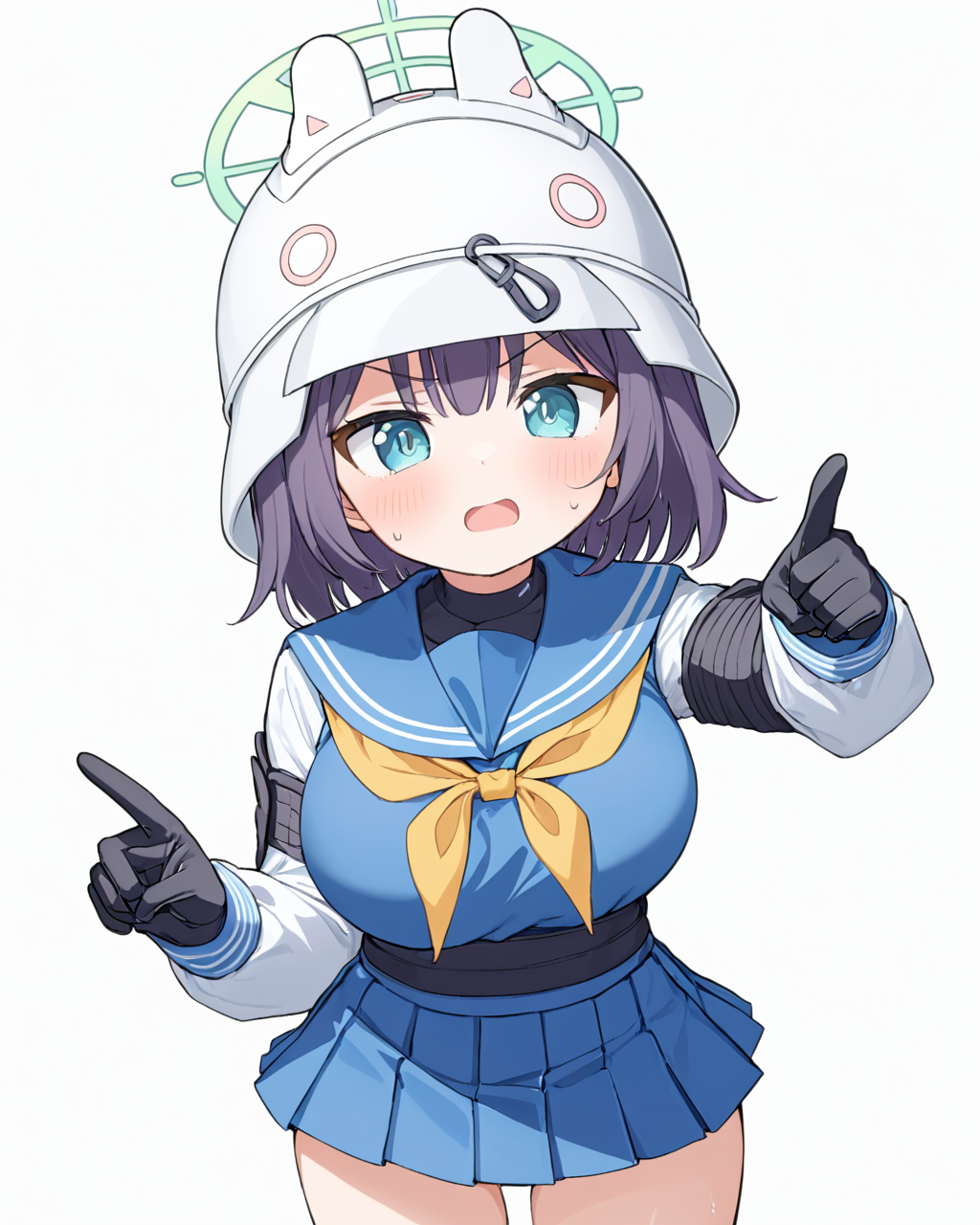saki \(blue archive\),1girl, helmet, yellow_neckerchief, halo, artificial_vagina, solo, anger_vein, white_background, black_gloves, blush, sailor_collar, simple_background, open_mouth, long_sleeves, flying_sweatdrops, pointing, breasts, holding, blue_serafuku, pleated_skirt, white_headwear, blue_skirt
<lora:saki_(blue_archive)_image1485_2023-11-28-000012:1>halo. gorgeous,key visual, vibrant, studio anime,award-winning, professional, highly detailed,high budget, cinemascope