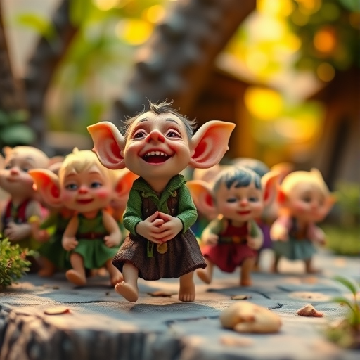 A tabletop miniature in a diorama. A cute and cheerful goblin joyfully sings while leading a playful train of goblin children following behind her in a lively conga line. The scene is full of energy and warmth, with expressive faces and dynamic movement. Soft, vibrant lighting enhances the magical atmosphere, with lush fantasy surroundings in the background. Detailed character designs, whimsical and heartwarming mood, cinematic composition, fantasy illustration style.