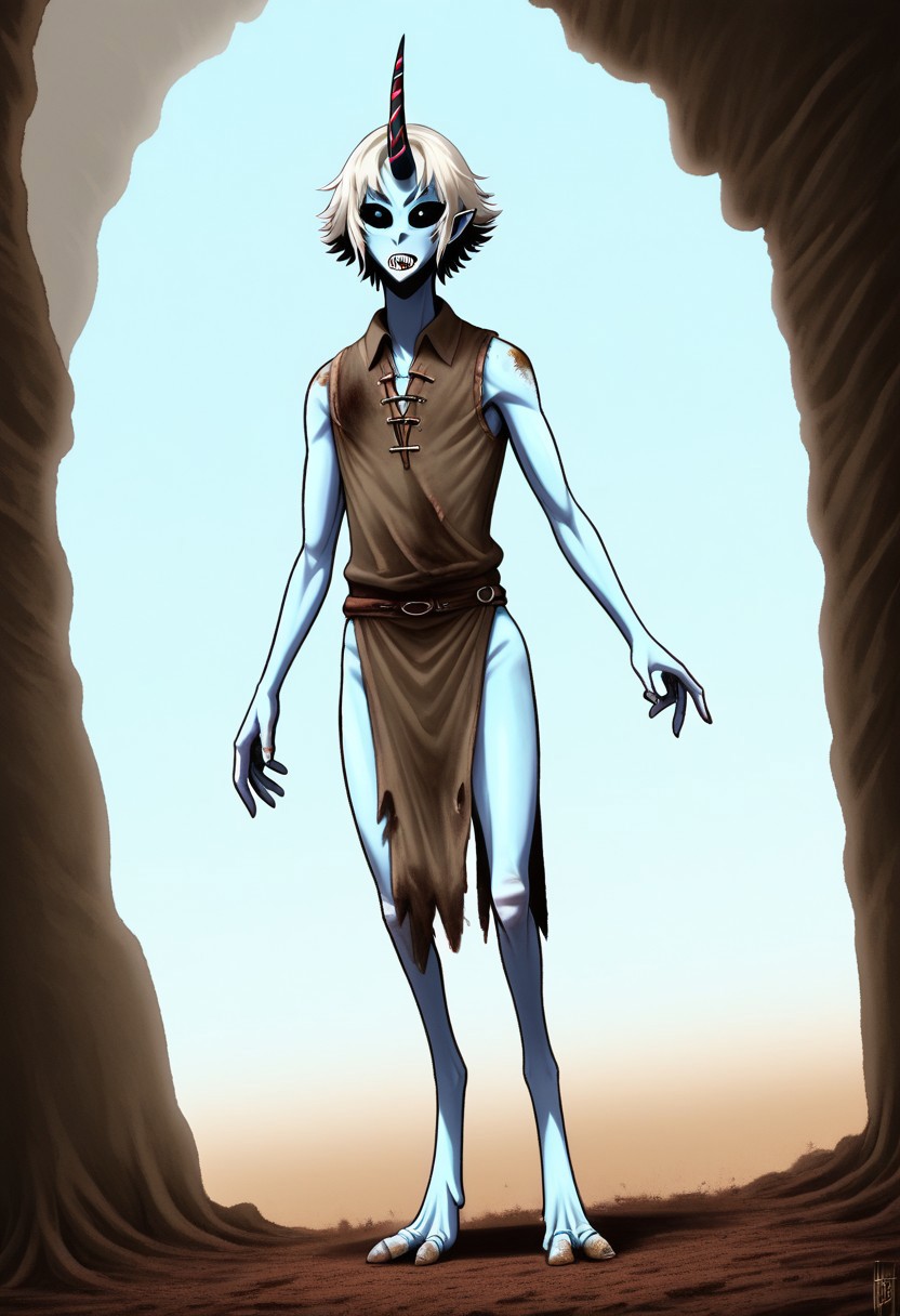 ((Alien humanoid)), solo, androgynous, aquatic features 
blue skin, ((webbed skin between fingers)),
((nostrils only, nostril slits, vertical nasal slits, narrow nostrils)):1.6, ((narrow eyes)), ((black sclera, black irises)), smooth skin,  pointy ears, small ears, tiny ears, holes in skin, forehead horn, short horn, veiny horn, ((single horn)):1.0, ((4 fingers)), fingernails, thin lips, ((white hair)), ((short hair, spiky hair)), sharp teeth, ((digitigrade legs)), bent legs,
full body shot
ragged clothes, muddy clothes, loincloth, tunic, dirty
Medieval style, fantasy style,
style: 4byss,
((Variety)):1.2
((dutch angle))
river background
fully clothed, loose clothing, clean lines, smooth colors, detailed fingers, sfw, source: semi-realistic, rating: pg, score: 8 up, score: 9