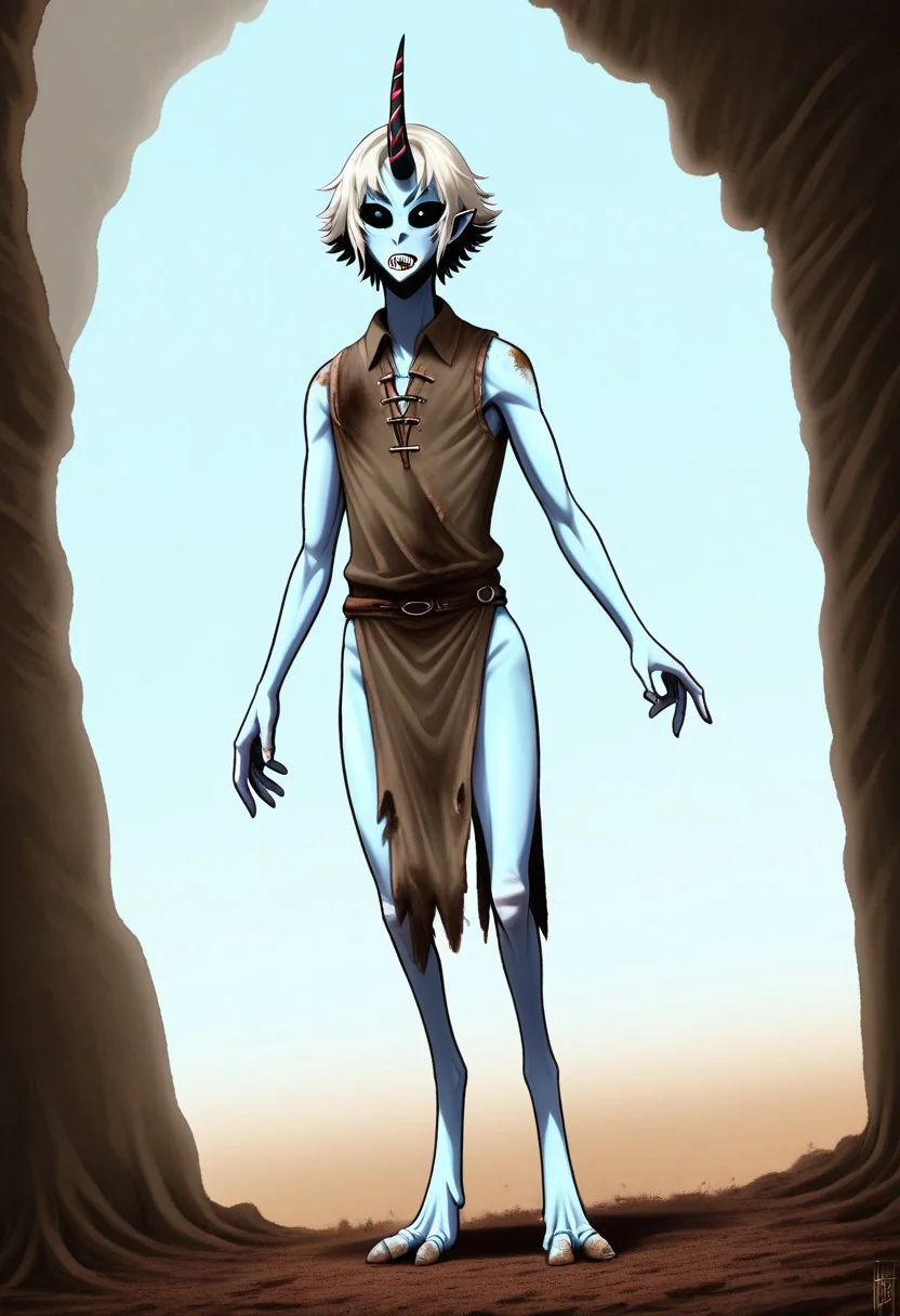 ((Alien humanoid)), solo, androgynous, aquatic features
blue skin, ((webbed skin between fingers)),
((nostrils only, nostril slits, vertical nasal slits, narrow nostrils)):1.6, ((narrow eyes)), ((black sclera, black irises)), smooth skin, pointy ears, small ears, tiny ears, holes in skin, forehead horn, short horn, veiny horn, ((single horn)):1.0, ((4 fingers)), fingernails, thin lips, ((white hair)), ((short hair, spiky hair)), sharp teeth, ((digitigrade legs)), bent legs,
full body shot
ragged clothes, muddy clothes, loincloth, tunic, dirty
Medieval style, fantasy style,
style: 4byss,
((Variety)):1.2
((dutch angle))
river background
fully clothed, loose clothing, clean lines, smooth colors, detailed fingers, sfw, source: semi-realistic, rating: pg, score: 8 up, score: 9