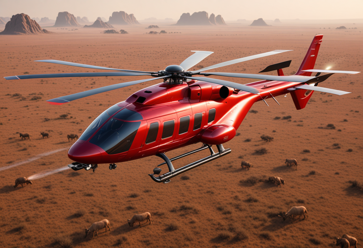 (medium full shot) of (streamlined massive metallic-red helicopter) with carbon-fiber body, turboprop, sleek aerodynamic design, adorned with glowing energy lines, set in  flying over the vast savannah, with herds of animals visible below, the helicopter conducting a wildlife survey, Masterpiece,best quality, photo, realistic, very aesthetic,