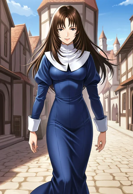 score_9,score_8_up,score_7_up,source_anime,5_figner,2d_animation,game cg,BREAK,1girl,solo,
suikoden Sarah,long hair,brown hair,bangs,puffy sleeves,long sleeves,long dress,blue dress,nun,black eyes,
medium breasts,smile,front view,cowboy short,looking at viewer,expressionless,
outdoor,fantasy,town,
masterpiece,best qualit,ultra-detailed,illustration,an extremely delicate and beautiful,beautiful detailed eyes,unity 8k wallpaper,high resolution,anime CG,official_art,