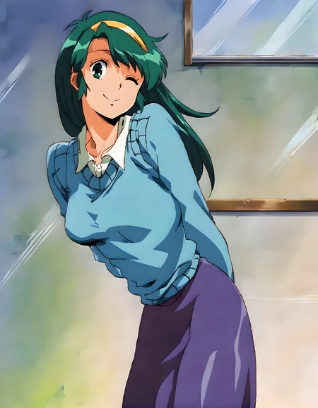 <lora:pony_xl_shoko:1>,shoko,score_9,source_anime,1girl,best quality,masterpiece,super fine illustration,solo,blue sweater,long_sleeves,white collared shirt,purple skirt,indoor,a frugal room,window_,smile,wink,one eye closed,standing,head_tilt,leaning_forward,arms_behind_back,looking_at_viewer,upper_body,