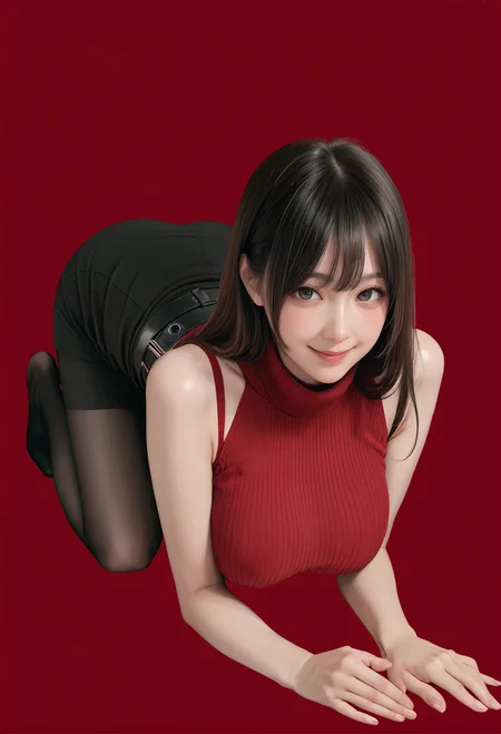 1girl,solo,red background,ruanyi0892,,belt,black pantyhose,high-waist skirt,sleeveless sweater,red sweater,all fours,full body,looking at viewer,<lora:0892 Home wear_v1_pony:1>, score_9, score_8_up, score_7_up, score_6_up, score_9, score_8_up, score_7_up, score_6_up source_anime, blush, 1girl, seduce smile, perfect body , natural huge breasts